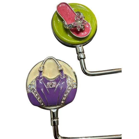 SPRING STREET PURSE HOOKS SET OF 2 HANDBAG HANGERS PURPLE BAG & FLIP FLOP - Picture 2 of 4